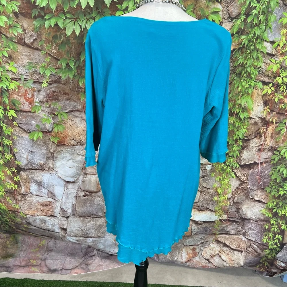 NWT SOFT SURROUNDINGS Scoop Neck 3/4 Sleeve Peacock Green Gauze Layered Blouse M - Picture 7 of 12